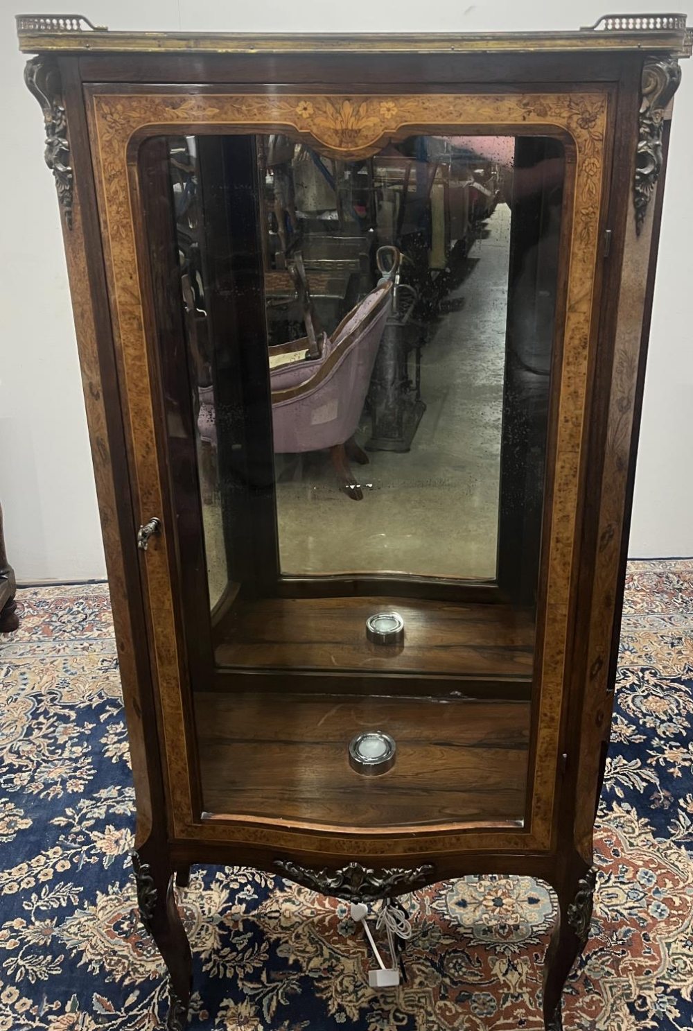 Late 19th century French gilt metal mounted floral inlaid walnut and rosewood serpentine display