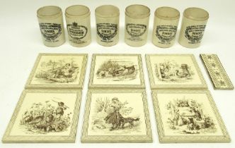 Six Minton Hollins Victorian pictural tiles depicting children in the countryside, 15x15cm, and