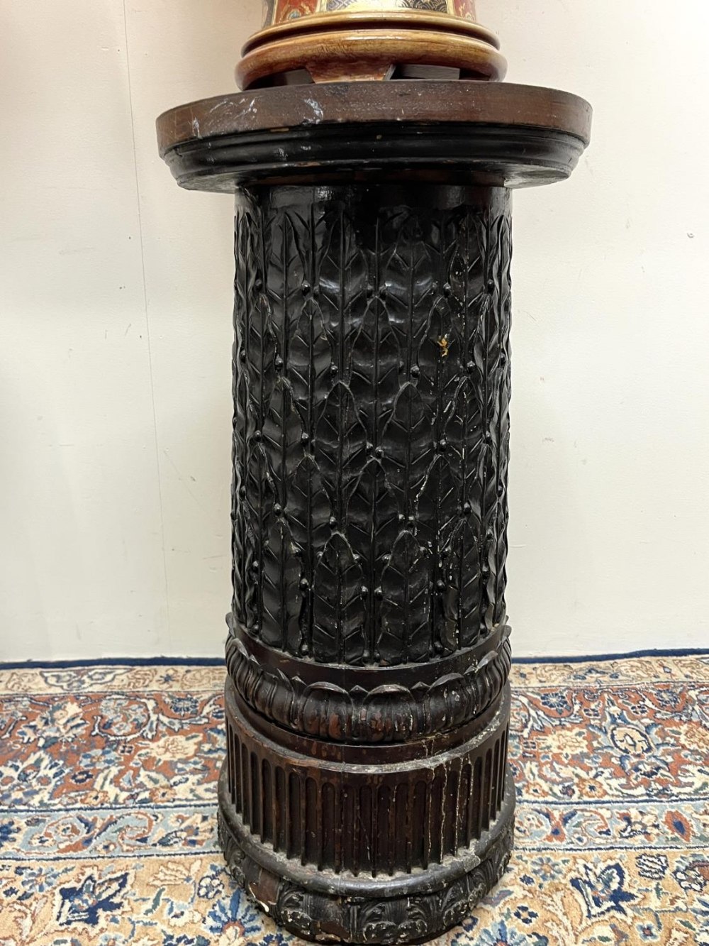 Pair of Satsuma style pottery baluster table lamps, decorated with figures, with watered silk - Image 2 of 2