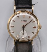 Roamer Premier gold wristwatch, signed silvered dial, applied baton hour indices, subsidiary