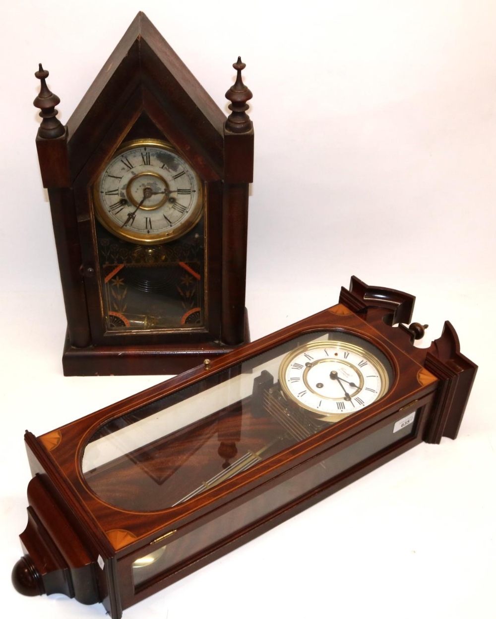 Comitti of London, inlaid mahogany Vienna style wall clock, moulded swan neck pediment over full
