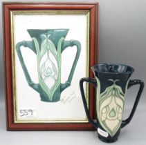 Moorcroft Pottery: twin handled 'Snowdrop' pattern vase designed by Rachel Bishop for M.C.C,