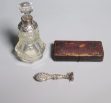 20th century hallmarked silver desk seal, in fitted case, H8cm, and a clear glass scent bottle and