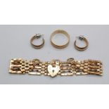 9ct yellow gold five bar gate bracelet with heart padlock and safety chain, stamped 375, 9ct