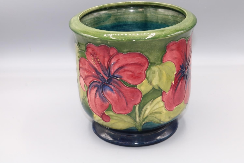 Moorcroft Pottery: 'Hibiscus' pattern cache pot, yellow and red flowers on graduated blue to green - Image 2 of 3