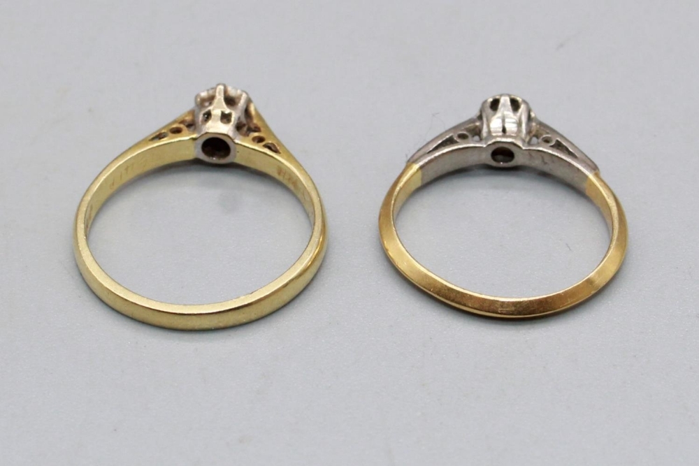 18ct yellow gold solitaire diamond ring, stamped 750, size L1/2, and another similar 18ct ring, - Image 2 of 2