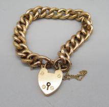 9ct yellow gold texture link bracelet, stamped 9c, with heart padlock clasp stamped 15c, 25.2g