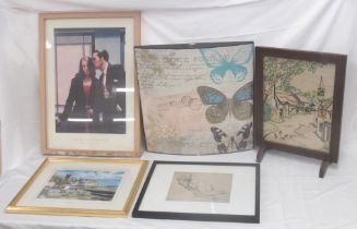 Mixed collection of pictures prints and a needlework firescreen, to inc. a Jack Vettriano Portland