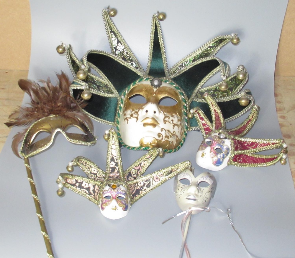 Hand painted 'Maschera del Galone' Venetian mask, and three similar masks, H40cm max (4)