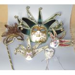 Hand painted 'Maschera del Galone' Venetian mask, and three similar masks, H40cm max (4)