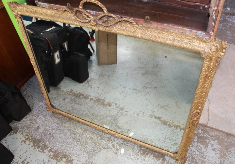 Victorian gilt wood and gesso overmantel mirror, later rectangular plate with knotted rope cresting,