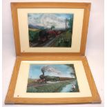 Arnold Grenville (British 20th century); two steam train portraits, pastel - 'The Railway