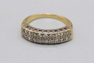 18ct yellow gold ring set with two rows of diamonds, stamped 750, size Q, 5.2g