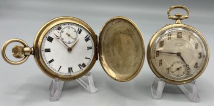 Croissant rolled gold keyless pin set pocket watch, signed stepped silvered Arabic dial, MR Co.
