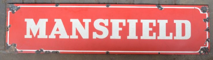 Lipped enamel steel plate advertising sign for Mansfield, 181.5x44.2cm