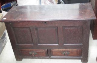 Geo.111 oak mule chest, hinged top and three panel front above two drawers, W116cm D48cm H69cm