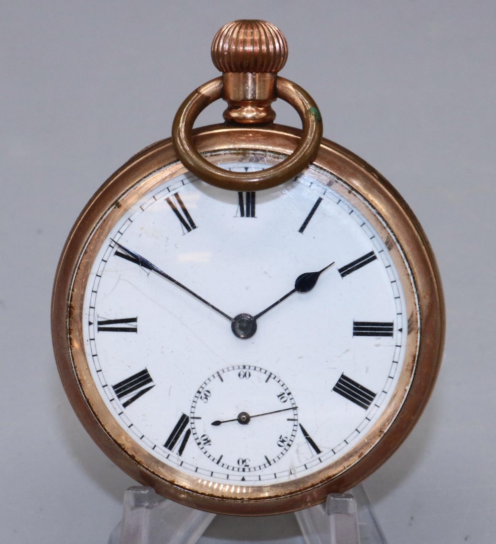 Williamson rolled gold keyless pocket watch, white enamel Roman dial with subsidiary seconds,