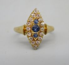 18ct yellow gold sapphire and diamond ring, the sapphires surrounded by a halo of diamonds,