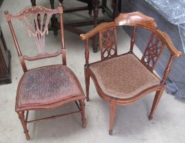 Edwardian inlaid corner chair on turned supports and a similar bedroom chair on ring turned