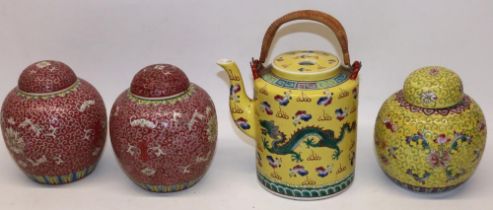 Collection of 20th century Chinese ceramics, comprising three ginger jars, H15cm, and a teapot,