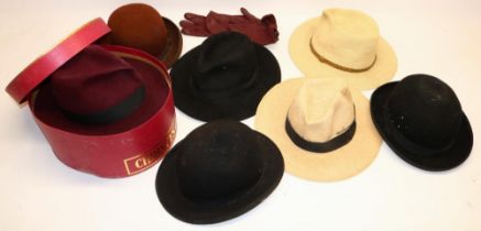 Christy's London burgundy felt Fedora with hat box; other hats including Bowlers, Panama's (7)