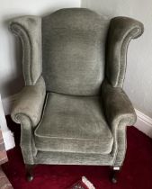 George III style upholstered wing back armchair with loose seat cushion on cabriole legs