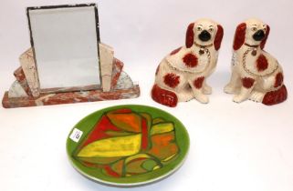 Art Deco pink marble picture frame, W38cm; pair of Staffordshire style wally dogs, H22cm; and a
