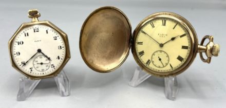 Elgin rolled gold hunter keyless pocket watch, signed white enamel Roman dial, B. & B. case no.