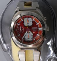 Spoon by Pulsar stainless steel quartz 1/10th second chronograph wristwatch with date, signed red