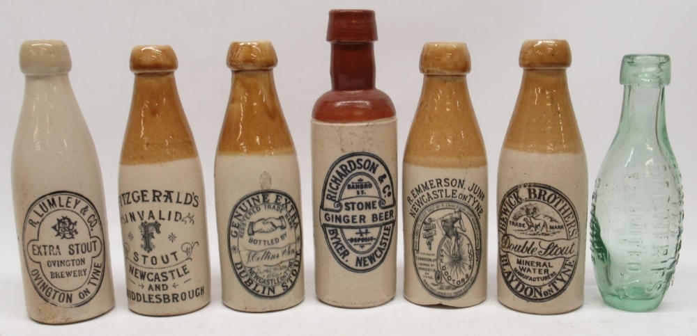 Collection of 20th century five stoneware ginger beer and stout bottles, various North East