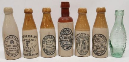Collection of 20th century five stoneware ginger beer and stout bottles, various North East
