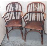 Two C19th ash and elm low back Windsor chairs, with pierced splats, on turned supports with