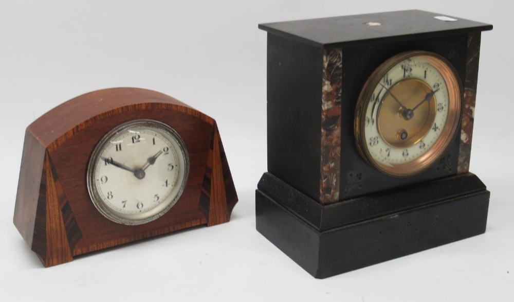 C19th French slate and marble timepiece, 3 3/4" dial, recessed matted brass centre, porcelain Arabic