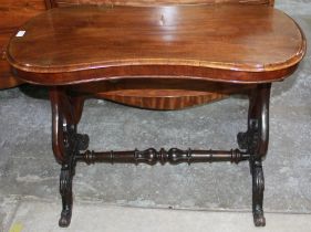 Victorian walnut centre table, shaped oval top on lyre end supports joined by turned stretcher,