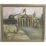 Eastern School (C20th); Brandenburg Gate in Berlin square with tank sculpture, oil on canvas, signe