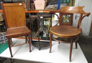 Oak, D shaped two sectional stick stand, Bentwood style armchair and an unusual patented VC Bond &
