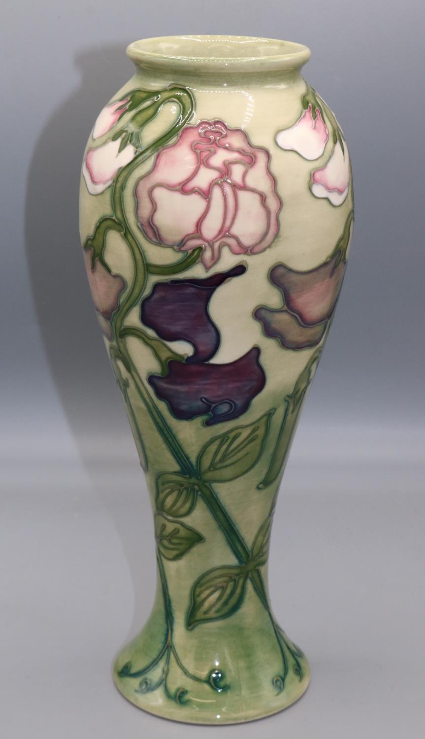 Moorcroft Pottery: 'Sweet Pea' vase designed by Sally Tuffin for M.C.C. c1992, pink and purple