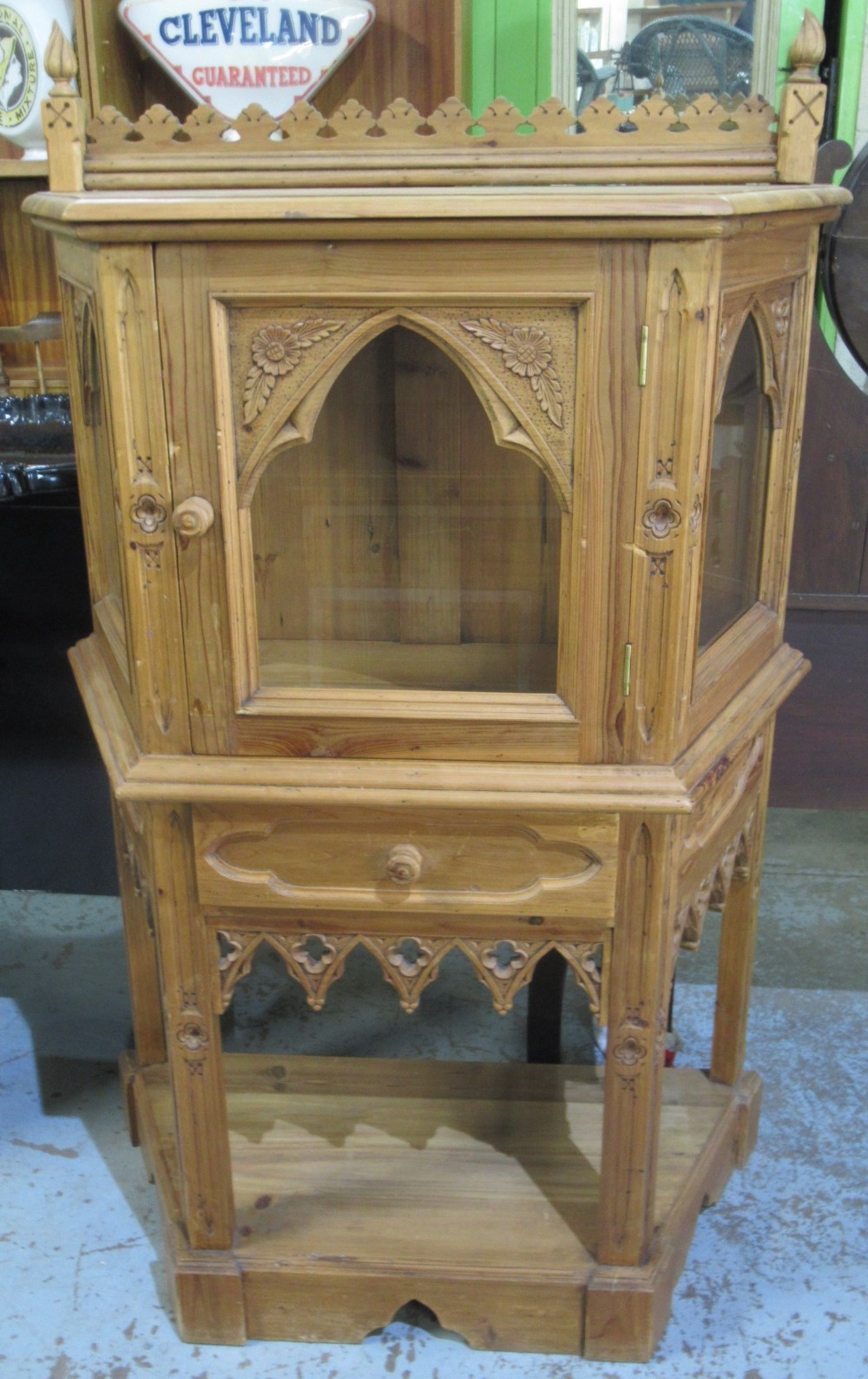 Waxed pine Victorian style side cabinet with Gothic arched detail, on square supports with