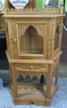 Waxed pine Victorian style side cabinet with Gothic arched detail, on square supports with