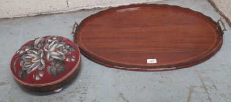 Edwardian inlaid mahogany oval galleried tray with brass handles, and a Victorian walnut beadwork