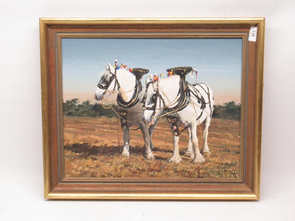Angell (British, 20th century); Pair of Grey Heavy Horses - Ploughing Scene at Rempstone