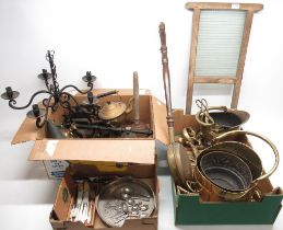 Collection of metalware including two brass coal buckets and ornaments, glass wash board, mother