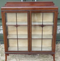 C20th mahogany display cabinet, galleried back above two astragal glazed doors on square
