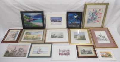 Mixed collection of 14 framed pictures and prints to inc. a Wireless poster signed by Andrew-Lee