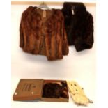 Brown mink stole, white ermin stole with tails, and two fur shrugs (4)