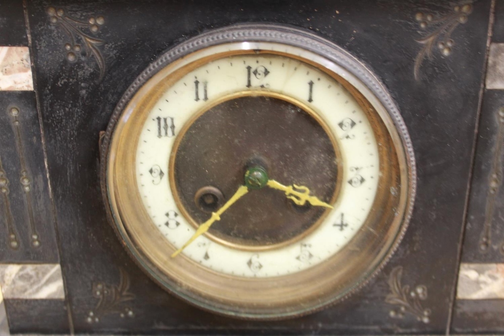 C19th French slate and marble mantel clock, 3 3/4" stepped brass dial with porcelain Arabic - Image 2 of 2