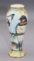Moorcroft Pottery: miniature enamel decorated vase, painted decoration of swallows above fields,