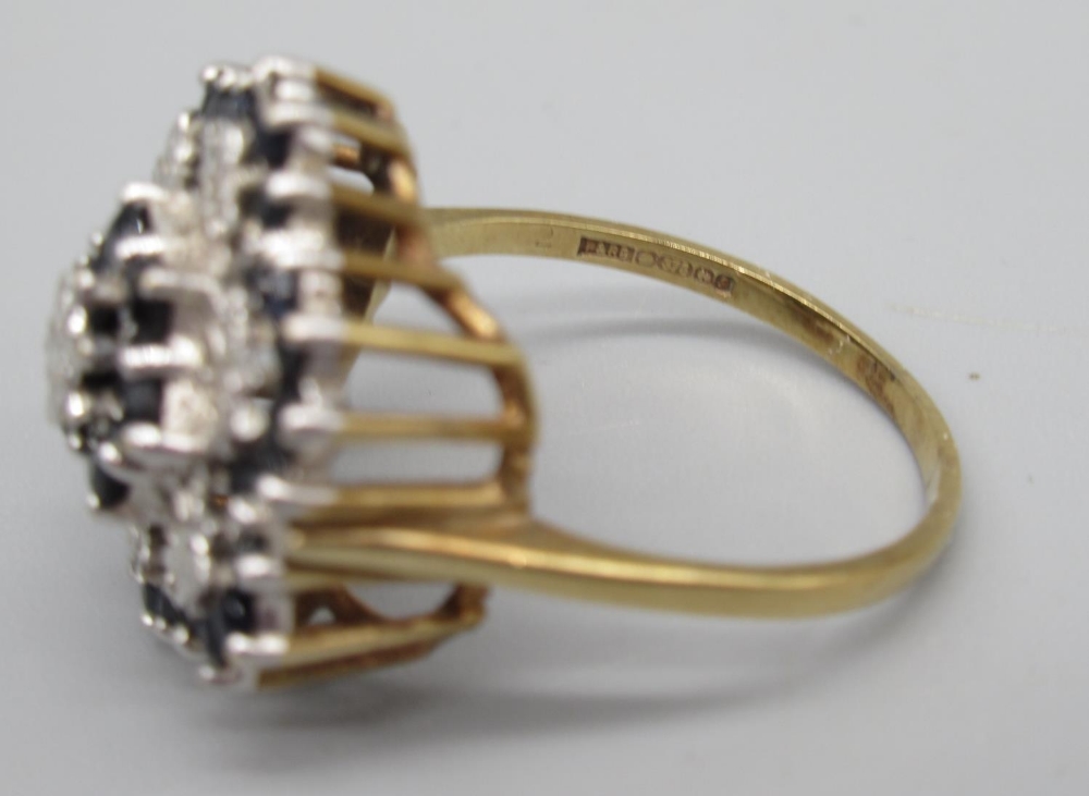 9ct yellow gold diamond and sapphire floral ring, stamped 375, size Q1/2, 4.7g - Image 2 of 2