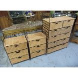 Set of two short and for long metal framed basketwork drawers, and a pair of similar bedside