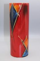 Anita Harris art pottery, cylindrical vase, trial design, blue, orange and gold on red ground, H23cm